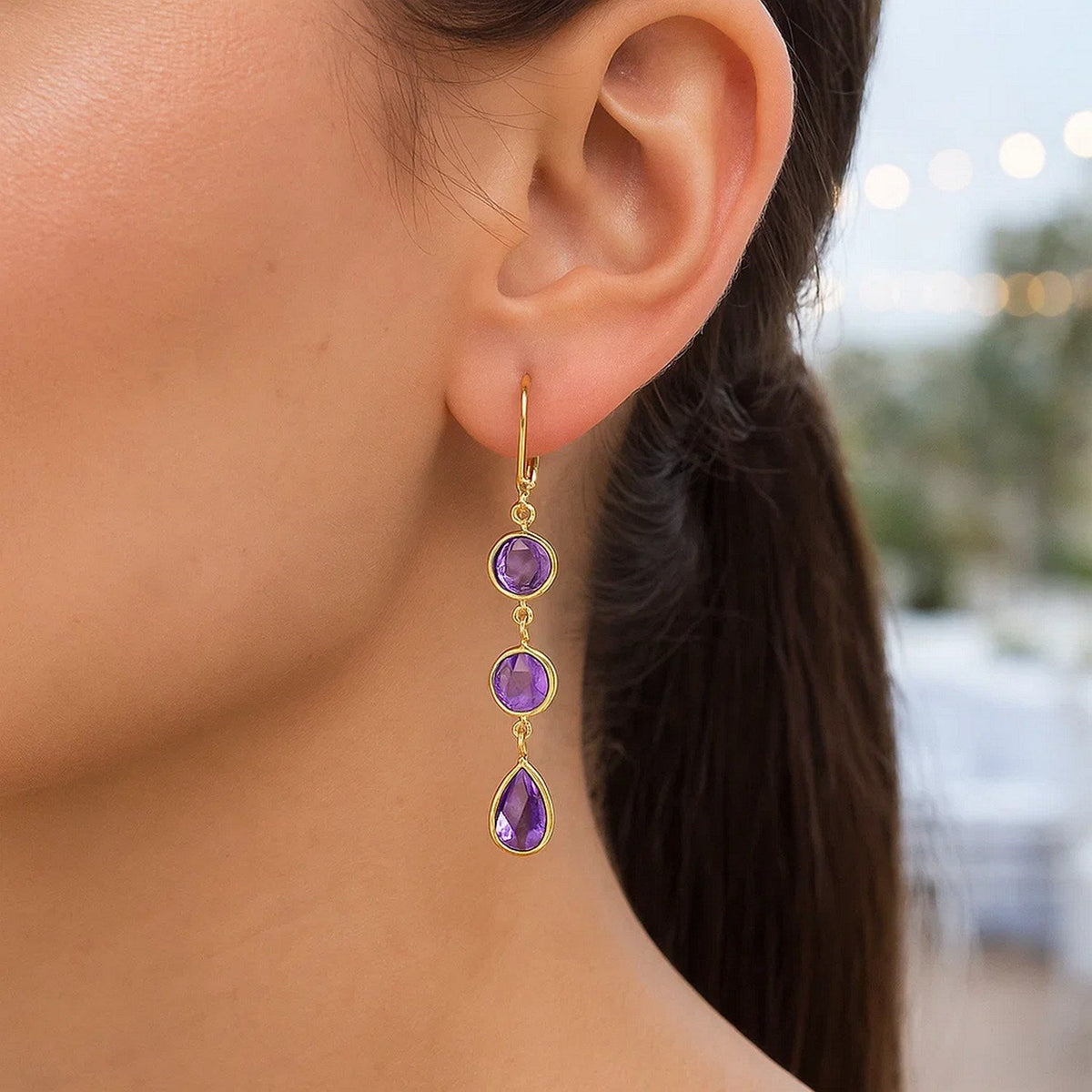 Drop Earrings with Round and Pear - Shaped Amethysts in 14k Yellow Gold - LinkagejewelrydesignLinkagejewelrydesign