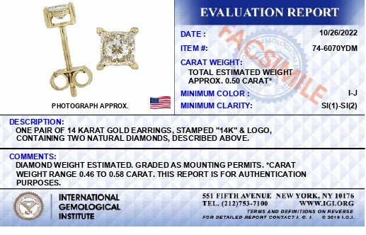 IGI Certified 1/2 Cttw Princess - Cut Square Diamond 4 - Prong Solitaire Stud Earrings in 14K Yellow Gold (I - J Color, SI1 - SI2 Clarity) - LinkagejewelrydesignLinkagejewelrydesign