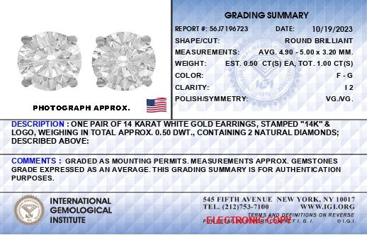 IGI Certified 14K White Gold 1.0 cttw 4 - Prong Set Brilliant Round - Cut Solitaire Diamond Push Back Stud Earrings (F - G Color, I1 - I2 Clarity) - LinkagejewelrydesignLinkagejewelrydesign
