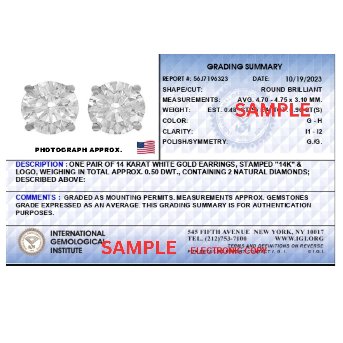 IGI Certified 14K White Gold 1.0 cttw 4 - Prong Set Brilliant Round - Cut Solitaire Diamond Push Back Stud Earrings (G - H Color, I1 - I2 Clarity) - LinkagejewelrydesignLinkagejewelrydesign