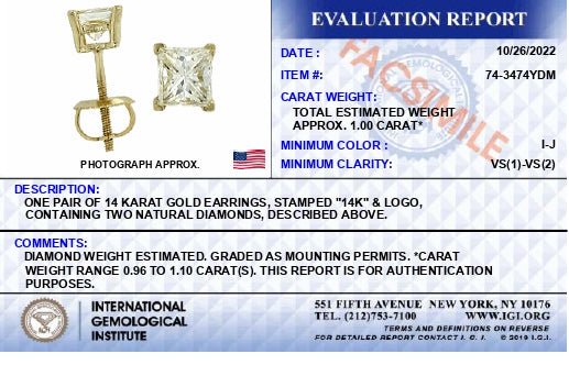 IGI Certified 14K Yellow Gold 1.00 Cttw Princess - Cut Square Diamond 4 - Prong Solitaire Stud Earrings (I - J Color, VS1 - VS2 Clarity) - LinkagejewelrydesignLinkagejewelrydesign