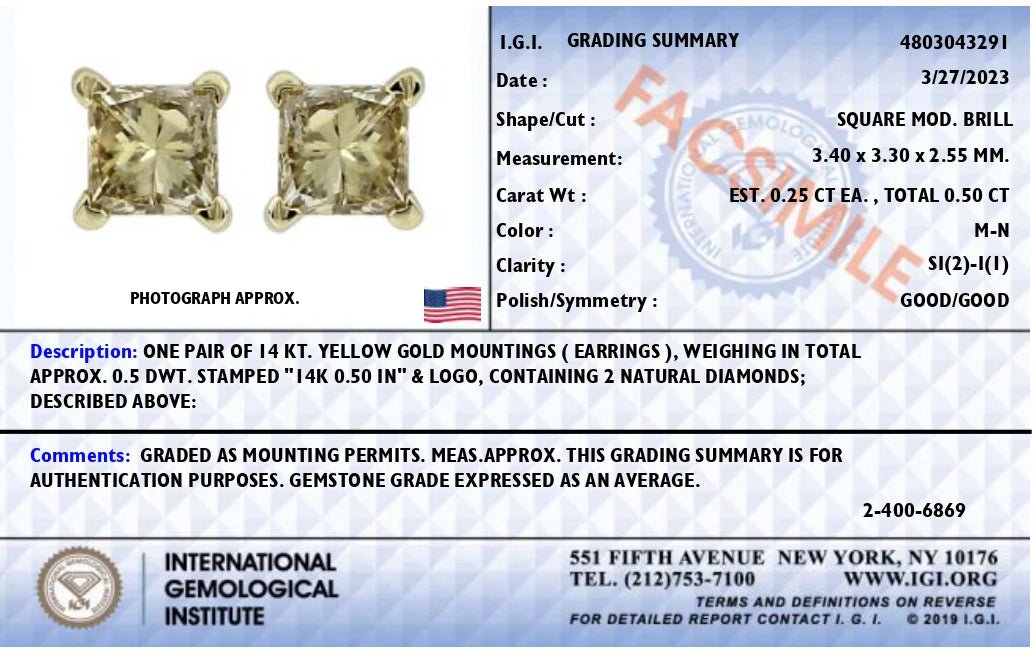 IGI Certified 14k Yellow Gold 1/2 cttw 4 - Prong Set Princess - Cut Solitaire Diamond Push Back Stud Earrings (M - N Color, SI2 - I1 Clarity) - LinkagejewelrydesignLinkagejewelrydesign