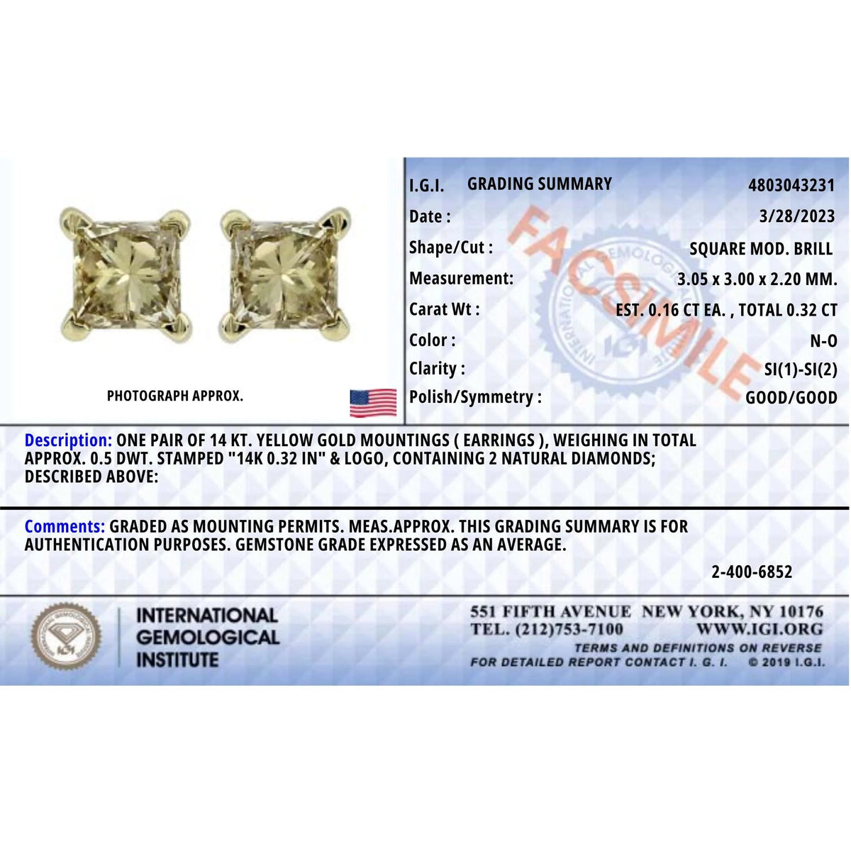 IGI Certified 14k Yellow Gold 1/3 Cttw 4 - Prong Set Princess - Cut Solitaire Diamond Push Back Stud Earrings (Q - R Color, I1 - I2 Clarity) - LinkagejewelrydesignLinkagejewelrydesign