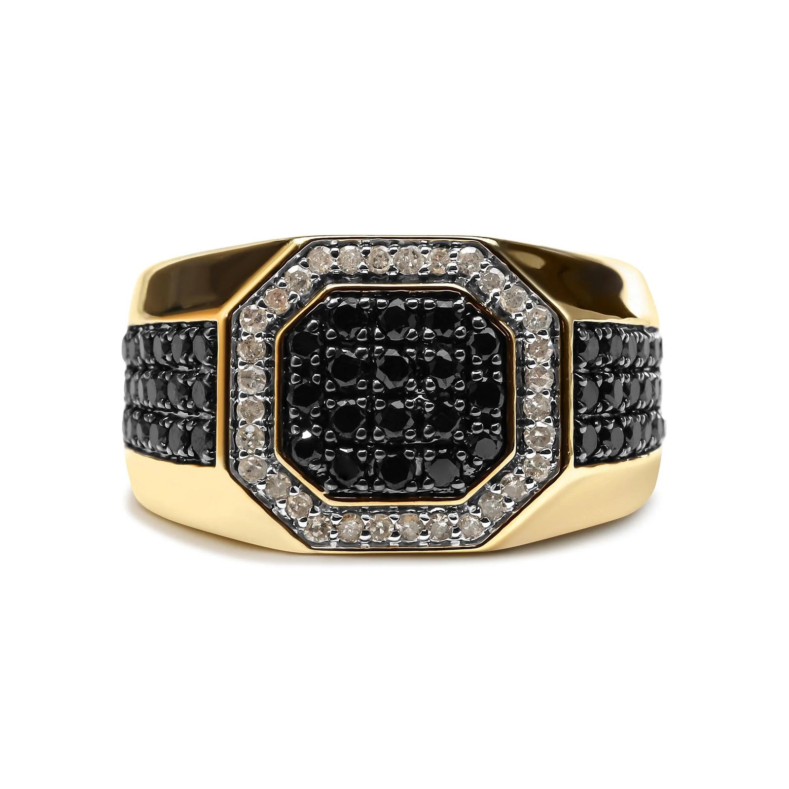 Men's 10K Yellow Gold 1 1/4 Cttw White and Treated Black Diamond Octagonal Halo Band Ring (I - J Color, I2 - I3 Clarity) - LinkagejewelrydesignLinkagejewelrydesign