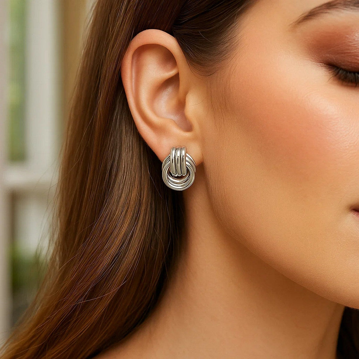 Polished Love Knot Earrings with Interlocking Rings in Sterling Silver(15mm) - LinkagejewelrydesignLinkagejewelrydesign