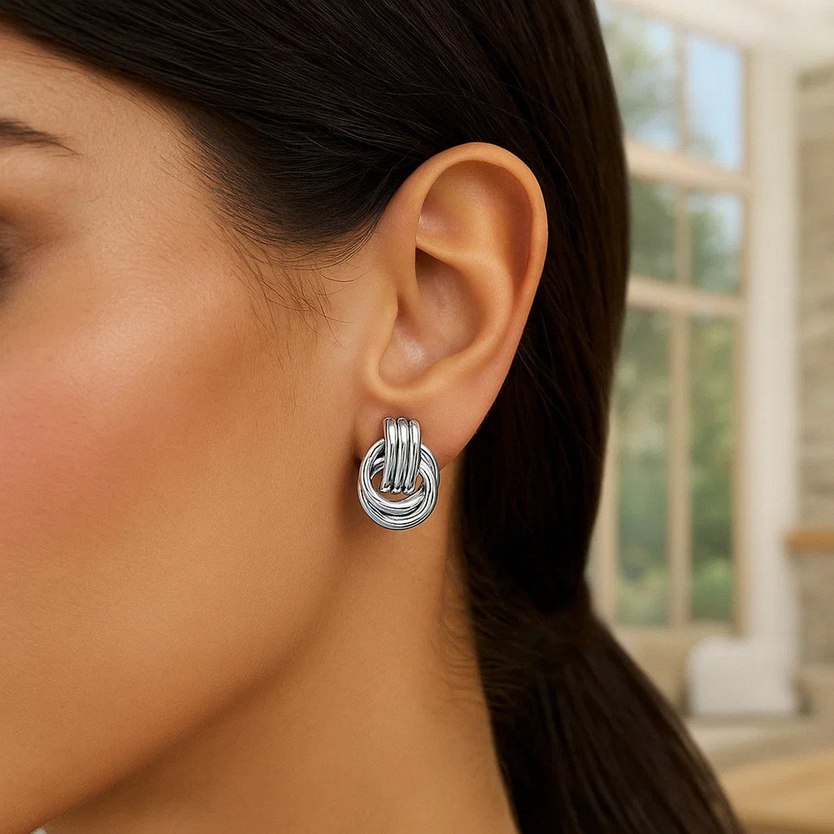 Polished Love Knot Earrings with Interlocking Rings in Sterling Silver(15mm) - LinkagejewelrydesignLinkagejewelrydesign