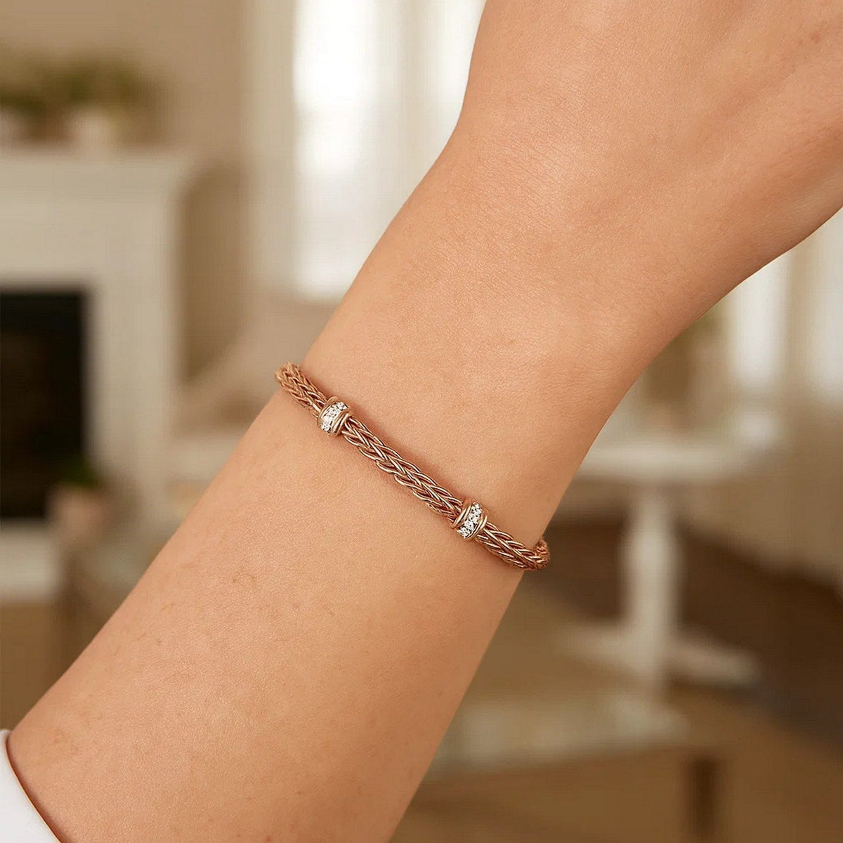 Polished Woven Rope Bracelet with Diamond Accents in 14k Rose Gold - LinkagejewelrydesignLinkagejewelrydesign