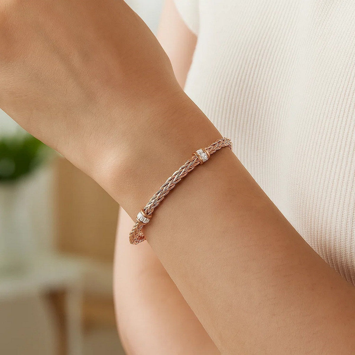 Polished Woven Rope Bracelet with Diamond Accents in 14k Rose Gold - LinkagejewelrydesignLinkagejewelrydesign