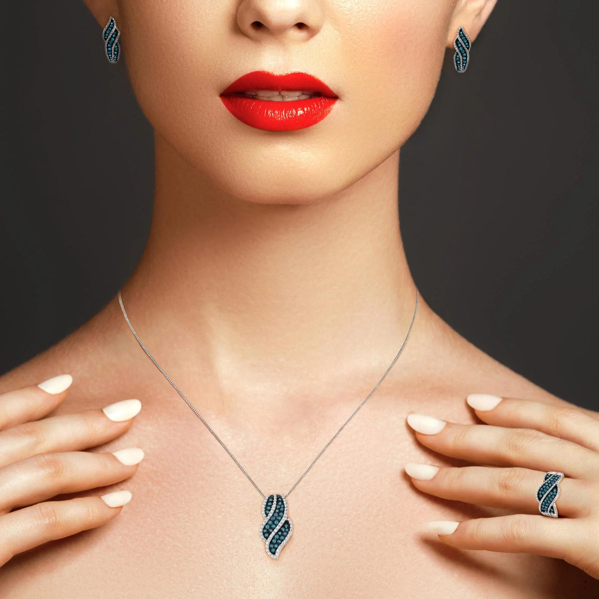 Rhodium over .925 Sterling Silver 1 - 1/2 Cttw Blue Diamond Pavé Ring, 18" Pendant Necklace, & Earrings Set (Enhanced Color, I1 - I2 Clarity) - LinkagejewelrydesignLinkagejewelrydesign