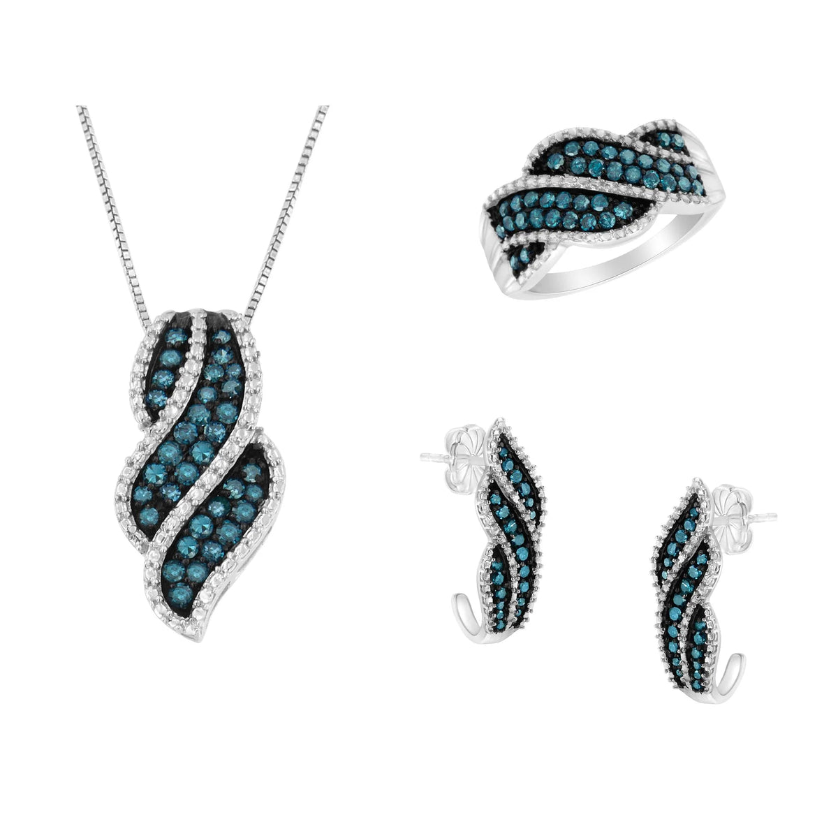 Rhodium over .925 Sterling Silver 1 - 1/2 Cttw Blue Diamond Pavé Ring, 18" Pendant Necklace, & Earrings Set (Enhanced Color, I1 - I2 Clarity) - LinkagejewelrydesignLinkagejewelrydesign