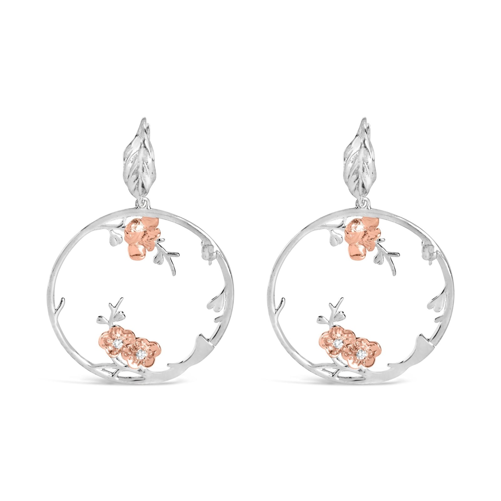 Rose Gold Plated .925 Sterling Silver 1/10 Cttw Diamond Floral Hoop Earrings (I - J Color, SI1 - SI2 Clarity) - LinkagejewelrydesignLinkagejewelrydesign