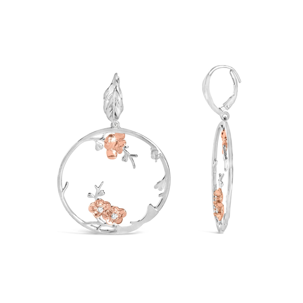 Rose Gold Plated .925 Sterling Silver 1/10 Cttw Diamond Floral Hoop Earrings (I - J Color, SI1 - SI2 Clarity) - LinkagejewelrydesignLinkagejewelrydesign