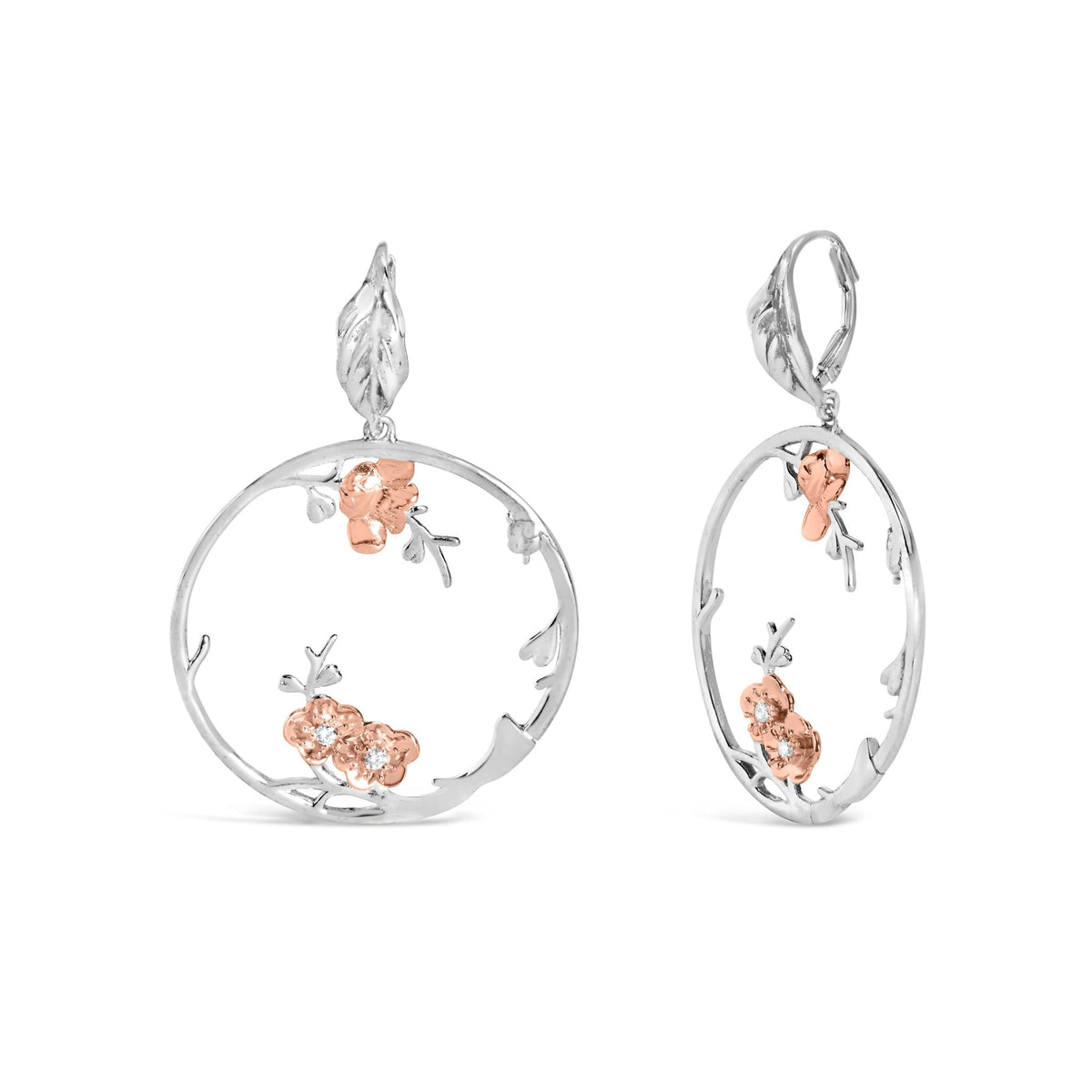 Rose Gold Plated .925 Sterling Silver 1/10 Cttw Diamond Floral Hoop Earrings (I - J Color, SI1 - SI2 Clarity) - LinkagejewelrydesignLinkagejewelrydesign