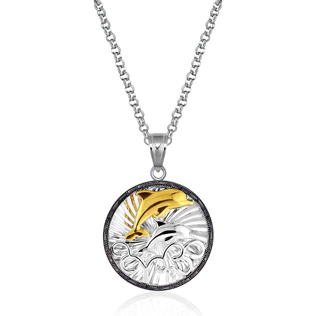 Sterling Silver and 14K Yellow Gold Round Dolphin Pendant with Black Crystal - LinkagejewelrydesignLinkagejewelrydesign