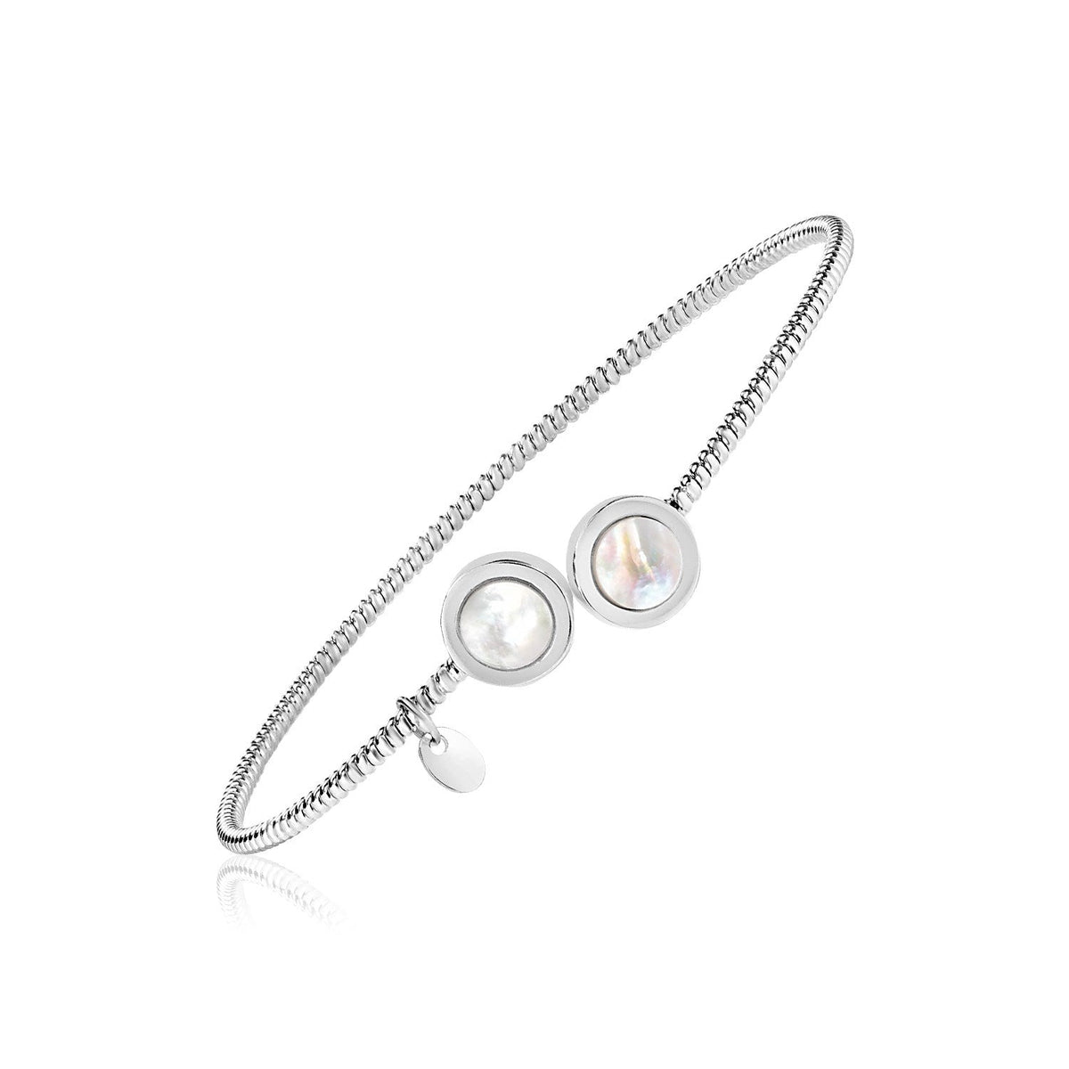 Sterling Silver Bangle with Mother of Pearl Circles - LinkagejewelrydesignLinkagejewelrydesign