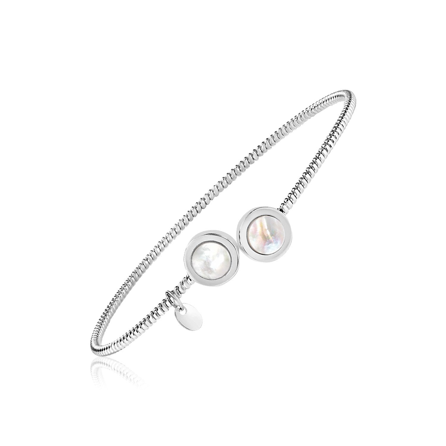 Sterling Silver Bangle with Mother of Pearl Circles - LinkagejewelrydesignLinkagejewelrydesign