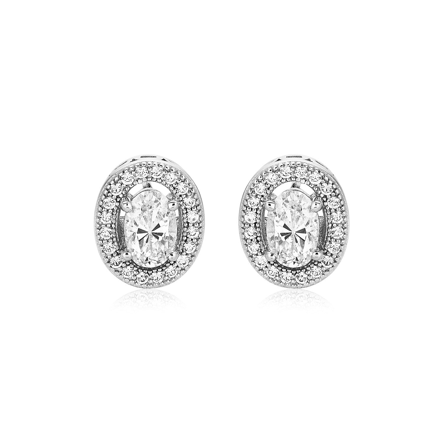 Sterling Silver Beaded Oval Bezel Set Cubic Zirconia Earrings - LinkagejewelrydesignLinkagejewelrydesign