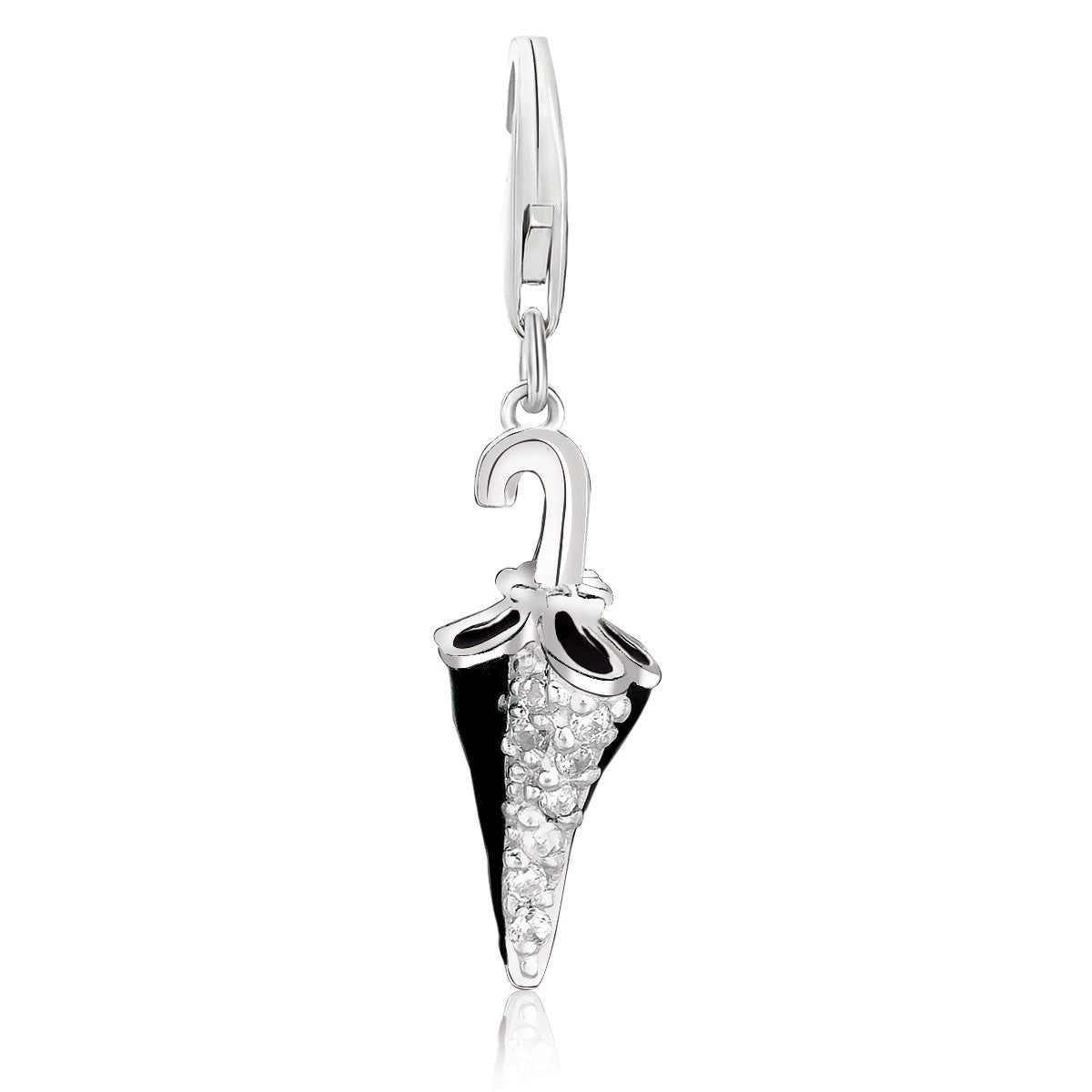 Sterling Silver Black Enameled Umbrella Charm with White Crystal Embellishments - LinkagejewelrydesignLinkagejewelrydesign