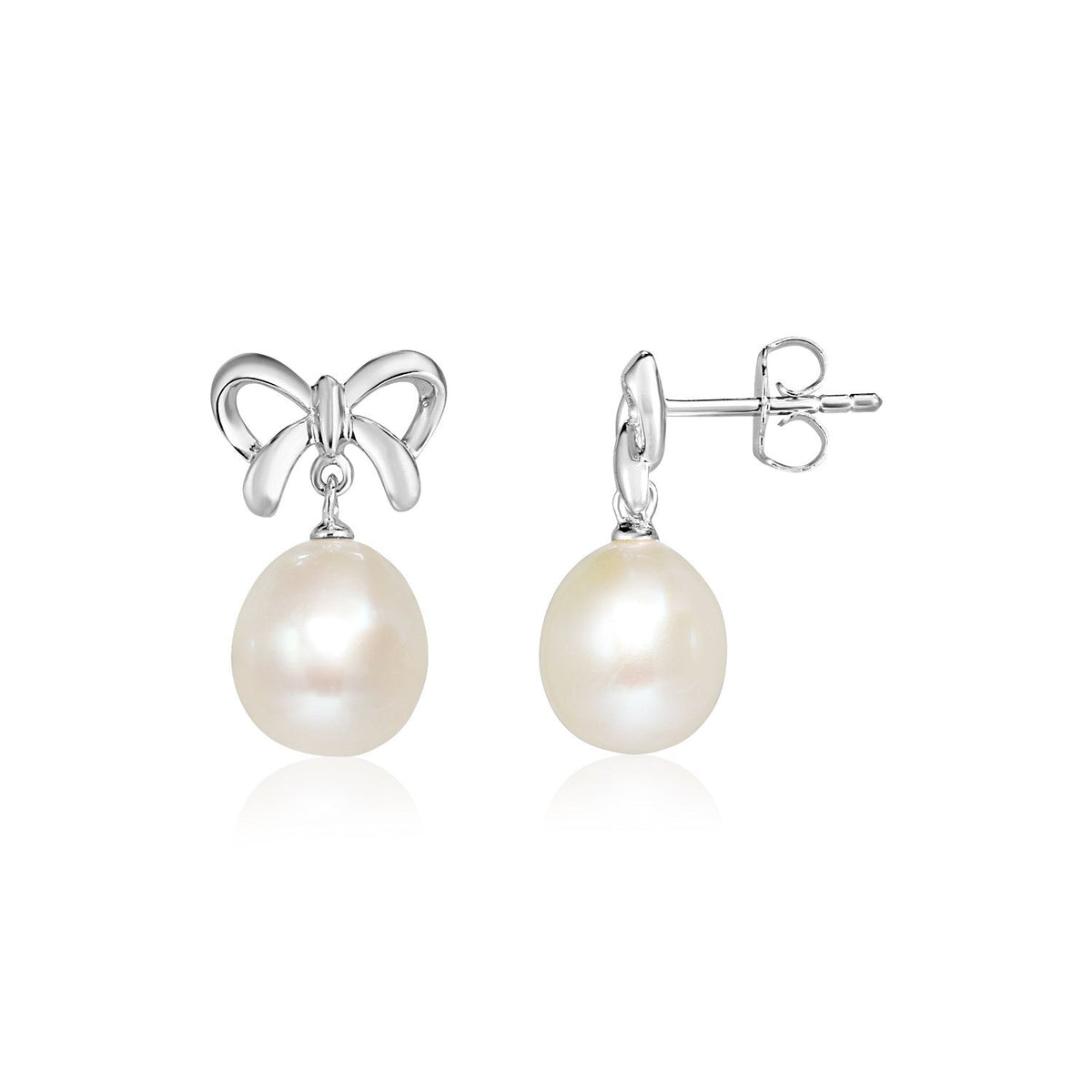 Sterling Silver Bow Earrings with Freshwater Pearls - LinkagejewelrydesignLinkagejewelrydesign