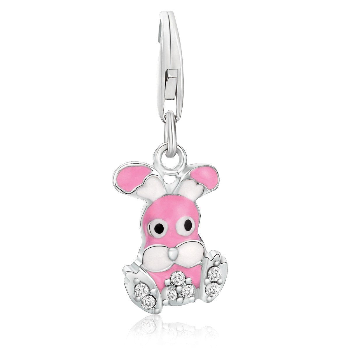 Sterling Silver Bunny Charm with Pink and Black Enamel and White Tone Crystals - LinkagejewelrydesignLinkagejewelrydesign
