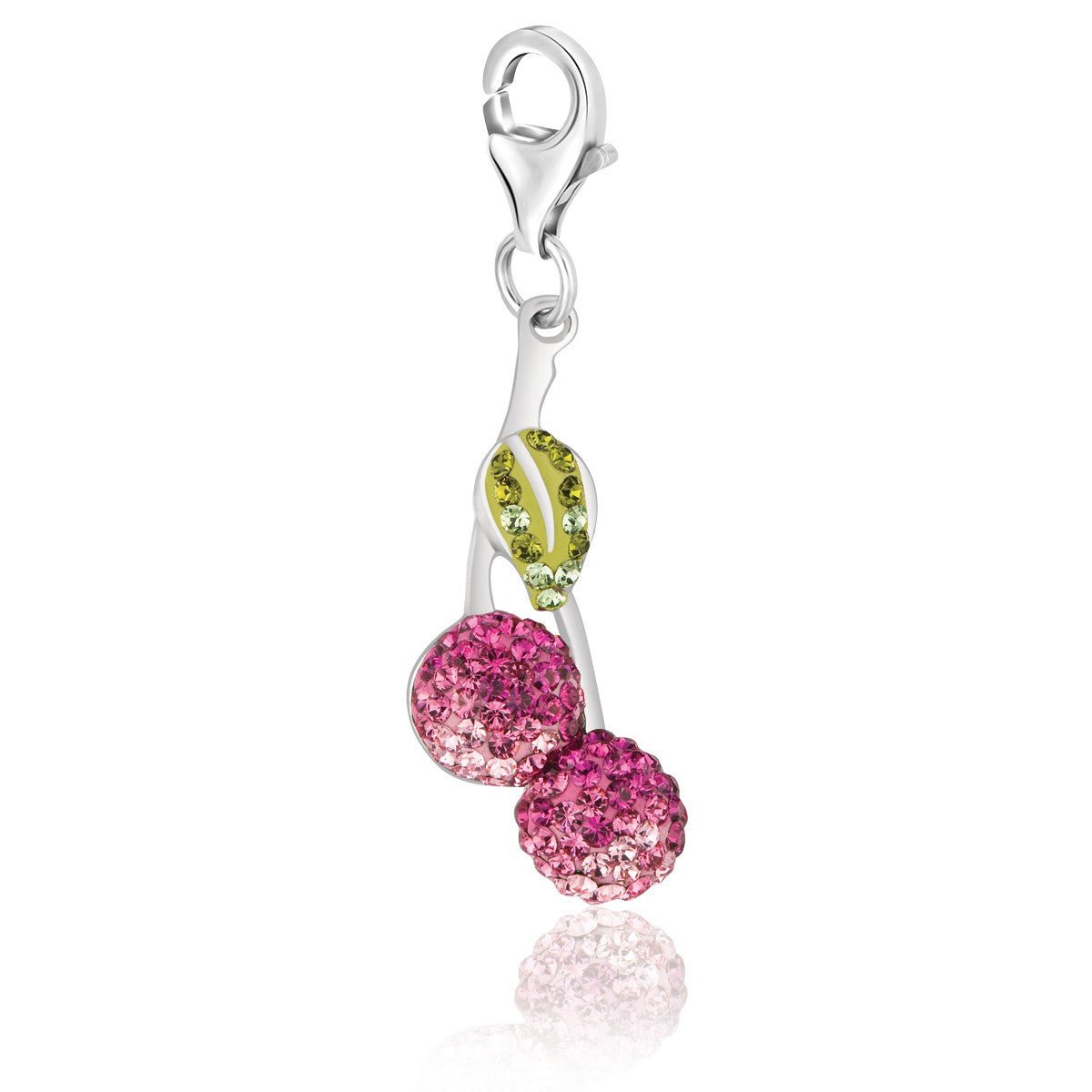 Sterling Silver Cherries Charm with Lime, Pink, and White Tone Crystal Accents - LinkagejewelrydesignLinkagejewelrydesign