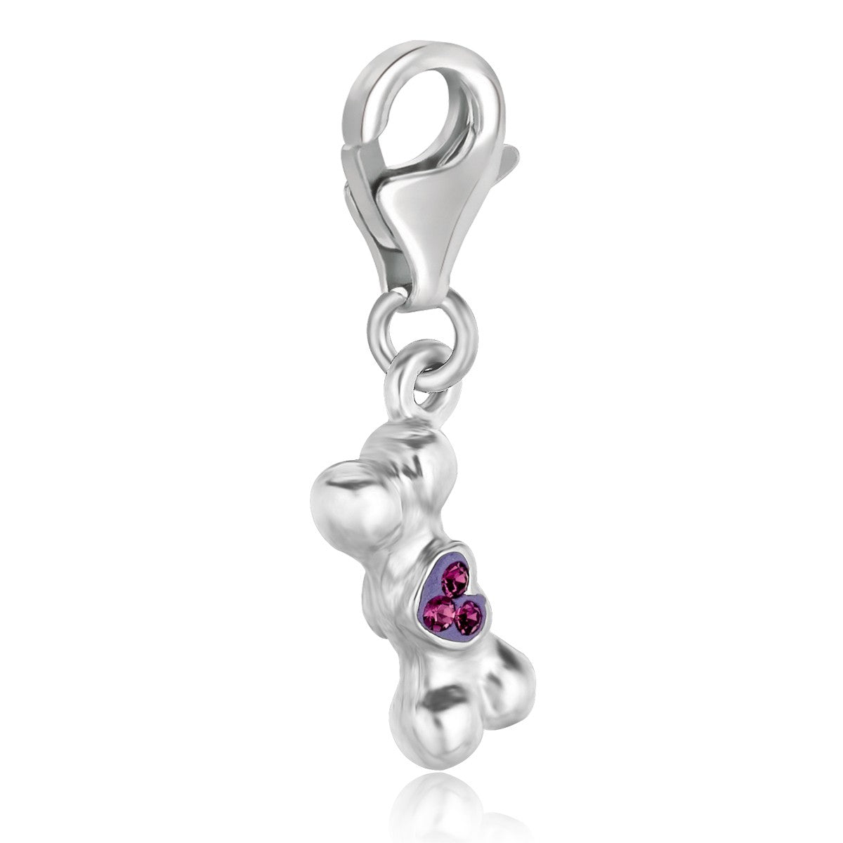 Sterling Silver Dog Bone Charm with Heart Crystal Accented Detailing - LinkagejewelrydesignLinkagejewelrydesign