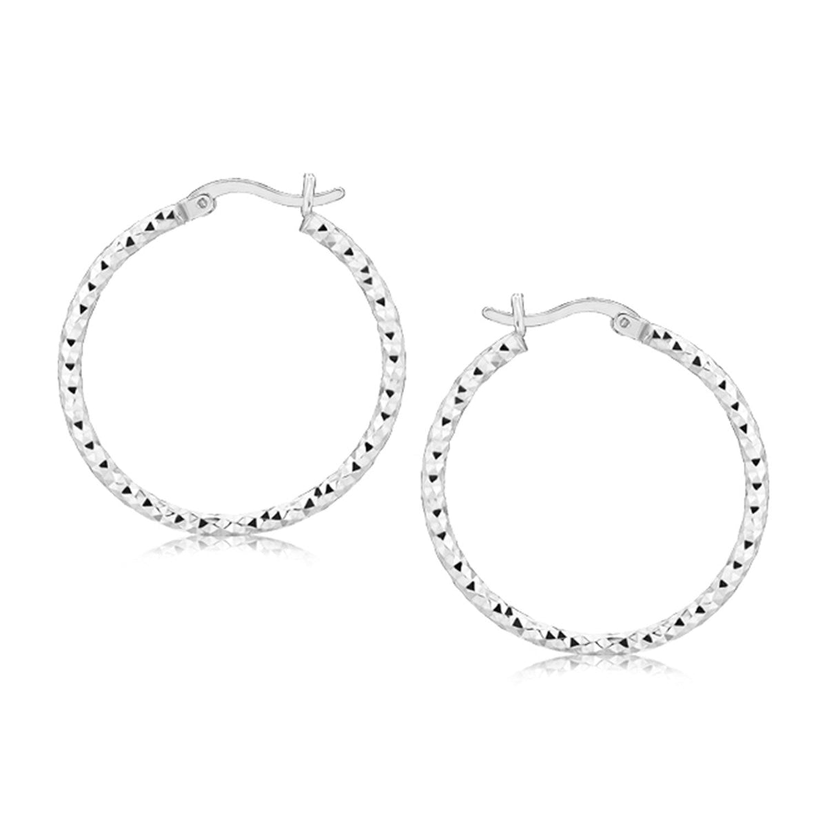 Sterling Silver Faceted Motif Hoop Earrings with Rhodium Plating(2x25mm) - LinkagejewelrydesignLinkagejewelrydesign