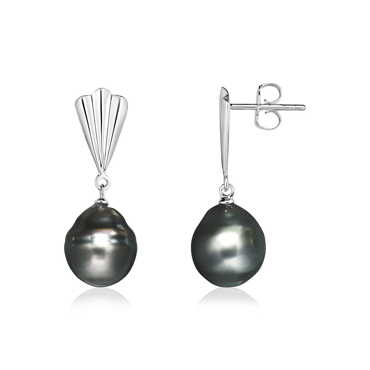 Sterling Silver Fan Motif Earrings with Black Pearls - LinkagejewelrydesignLinkagejewelrydesign