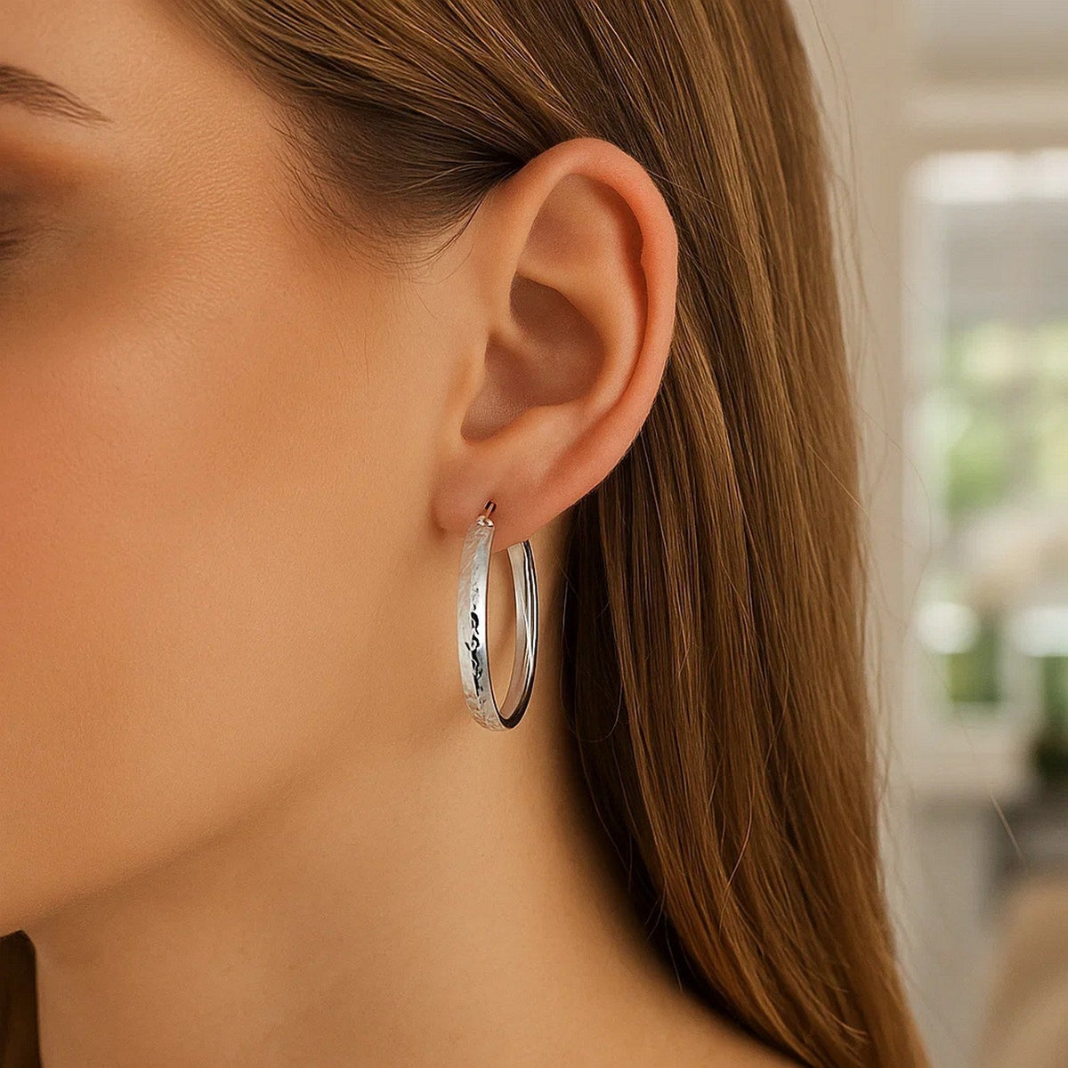 Sterling Silver Hammered Style Hoop Earrings with Rhodium Plating (4x30mm) - LinkagejewelrydesignLinkagejewelrydesign