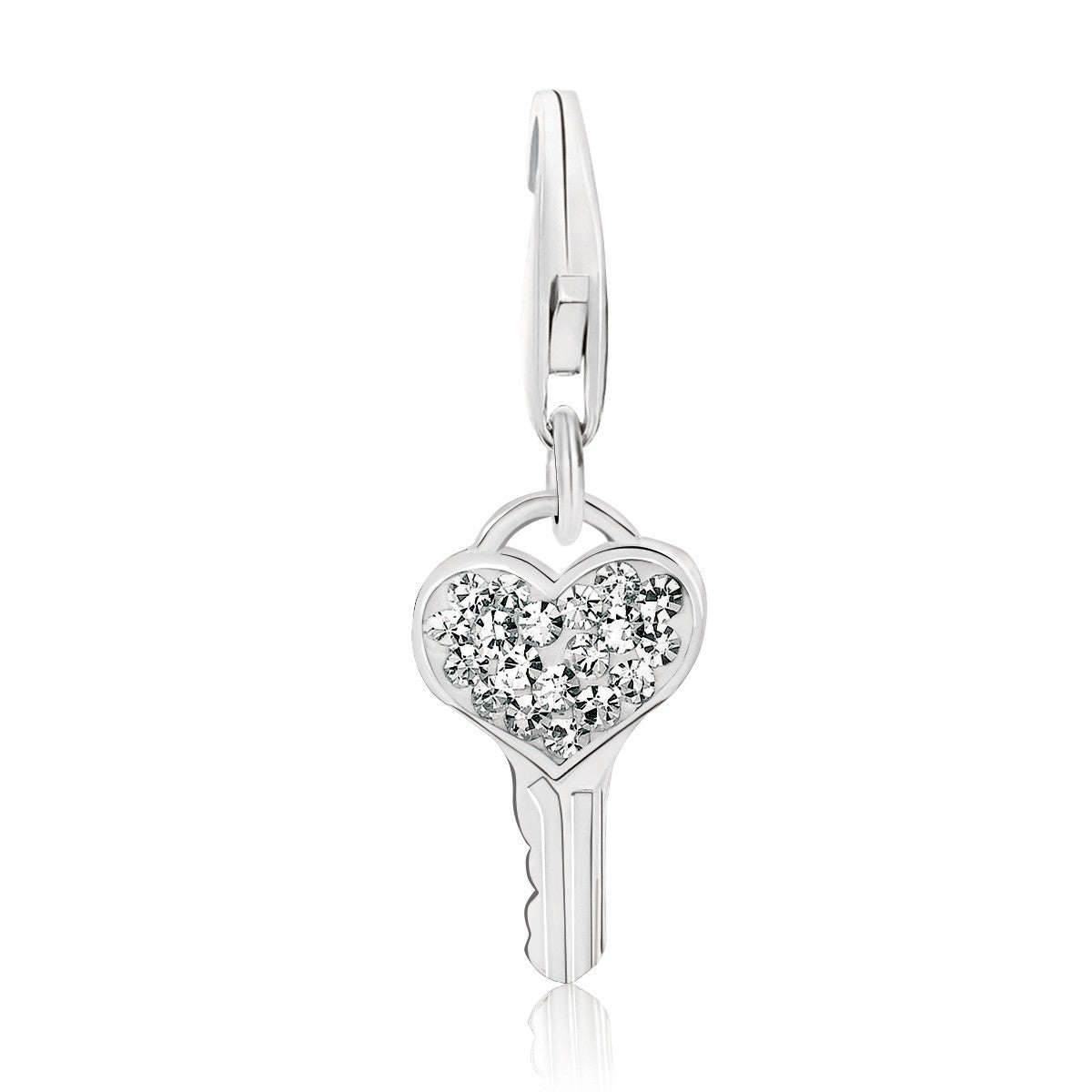Sterling Silver Heart Key Charm with White Tone Crystal Accents - LinkagejewelrydesignLinkagejewelrydesign