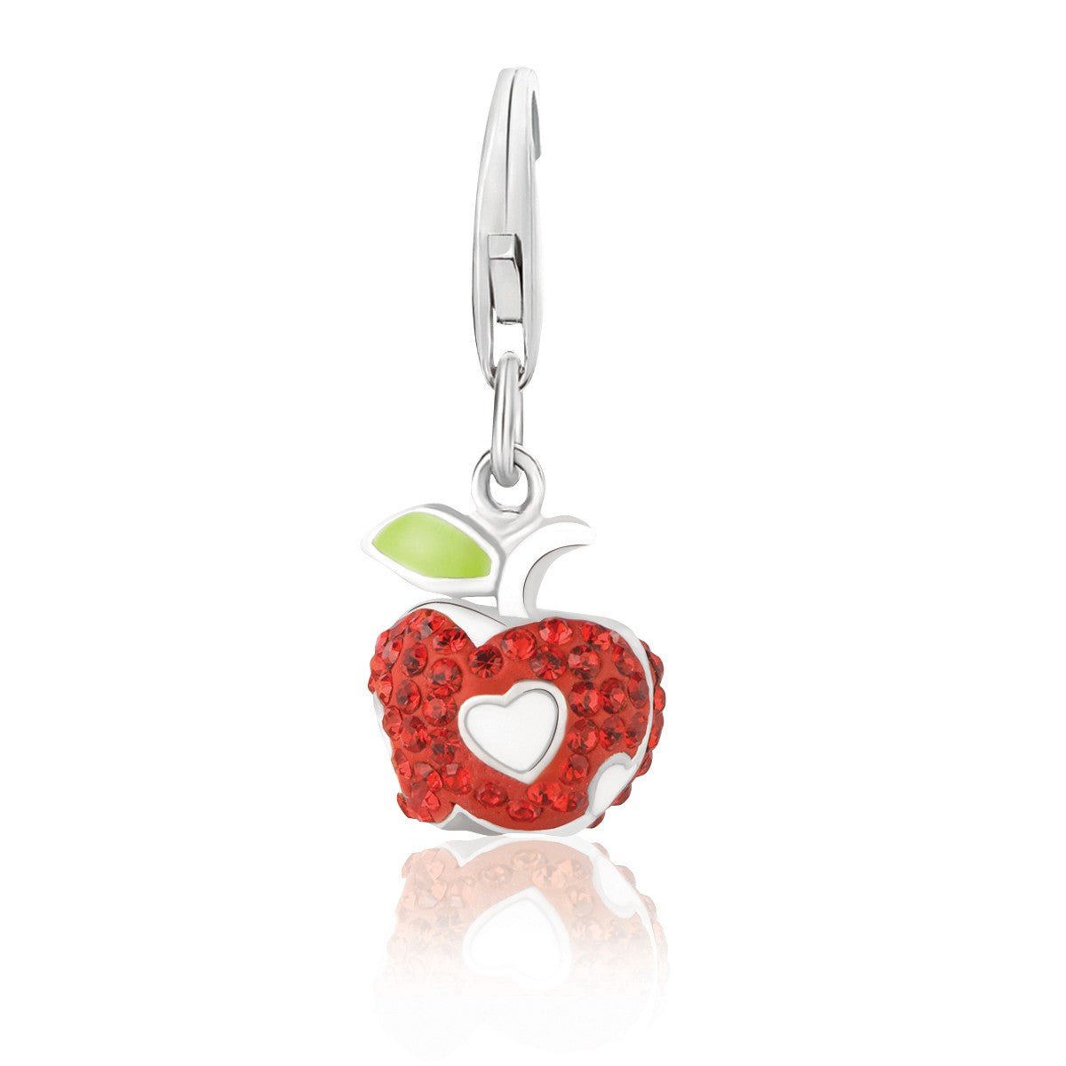 Sterling Silver Heart Shaped Apple Motif Charm Garnished with Red Tone Crystals - LinkagejewelrydesignLinkagejewelrydesign