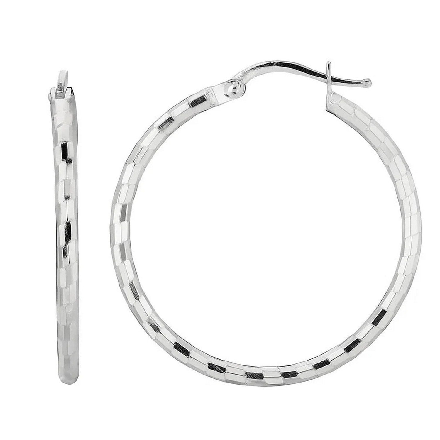 Sterling Silver Hoop Design Diamond Cut Earrings with Rhodium Plating (2x26mm) - LinkagejewelrydesignLinkagejewelrydesign