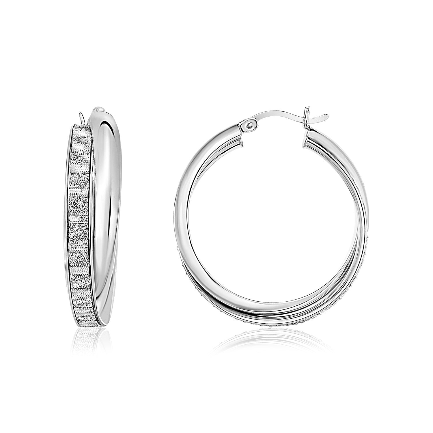 Sterling Silver Hoop Earrings with Glitter Texture in Square Pattern - LinkagejewelrydesignLinkagejewelrydesign
