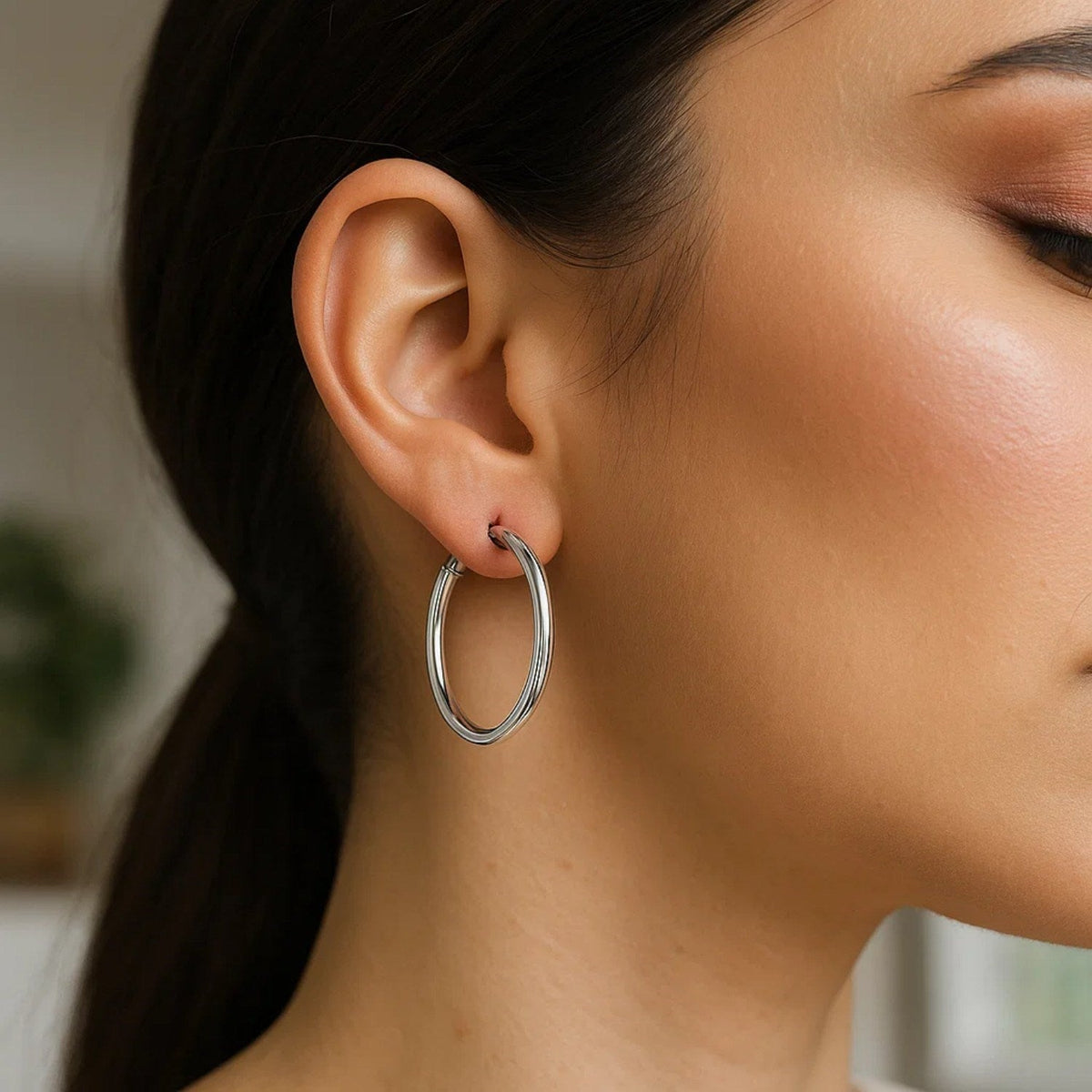 Sterling Silver Hoop Style Earrings with Polished Rhodium Plating (3x30mm) - LinkagejewelrydesignLinkagejewelrydesign