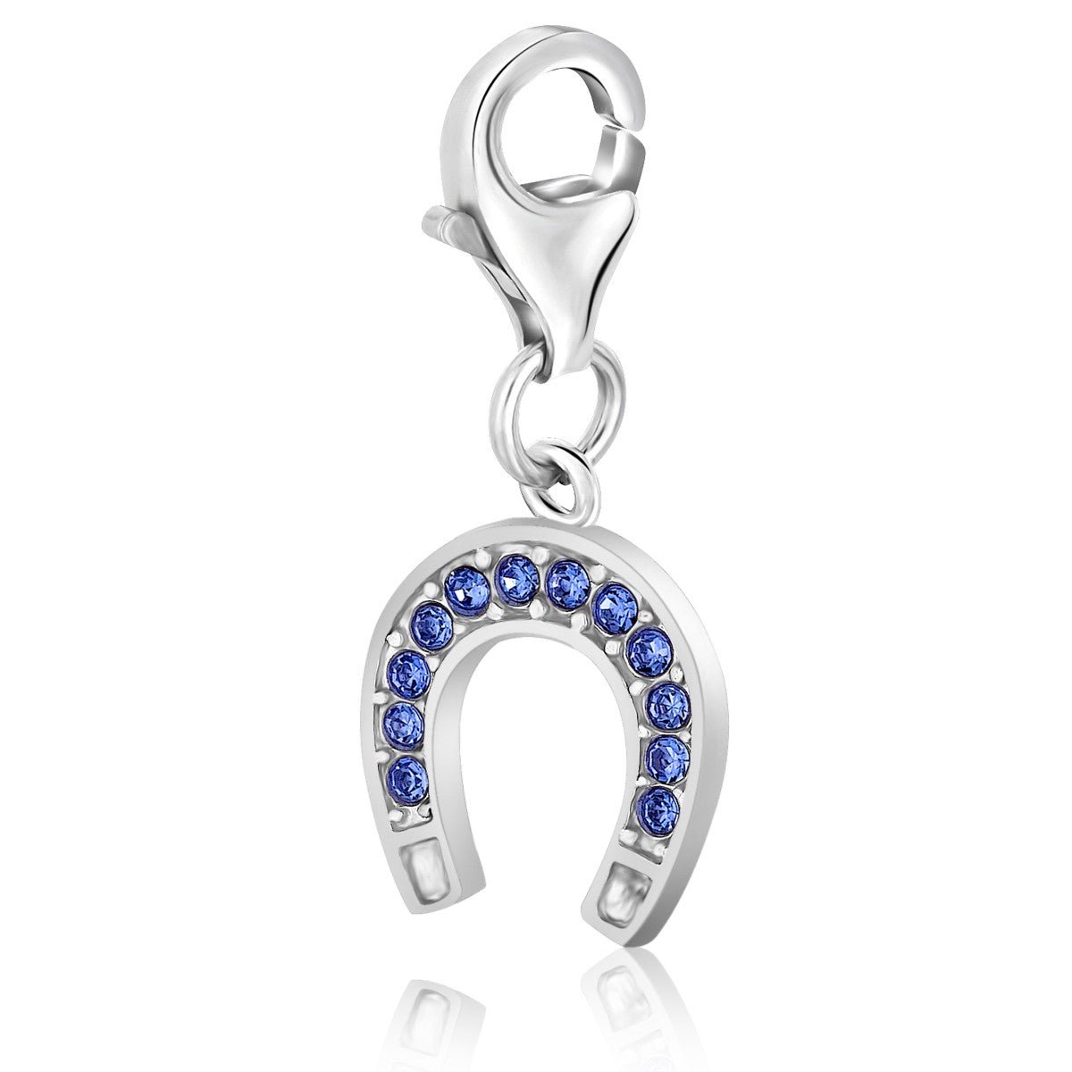 Sterling Silver Horseshoe Charm with Blue Tone Crystal Embellishments - LinkagejewelrydesignLinkagejewelrydesign