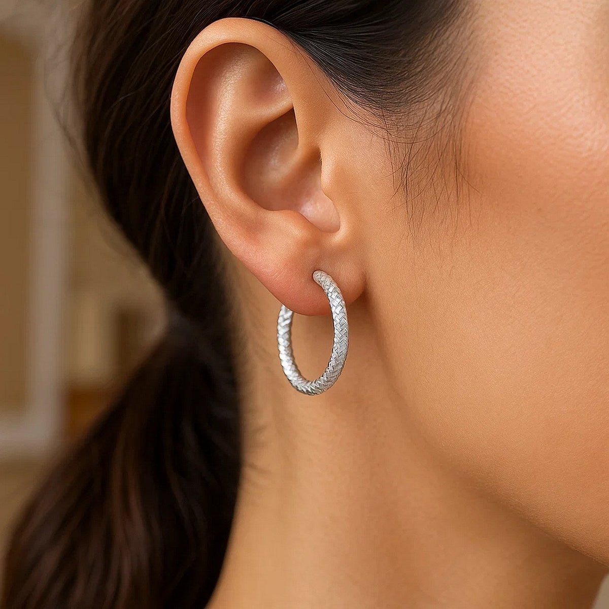 Sterling Silver Large Hoop Earrings with Braid Texture(3x20mm) - LinkagejewelrydesignLinkagejewelrydesign