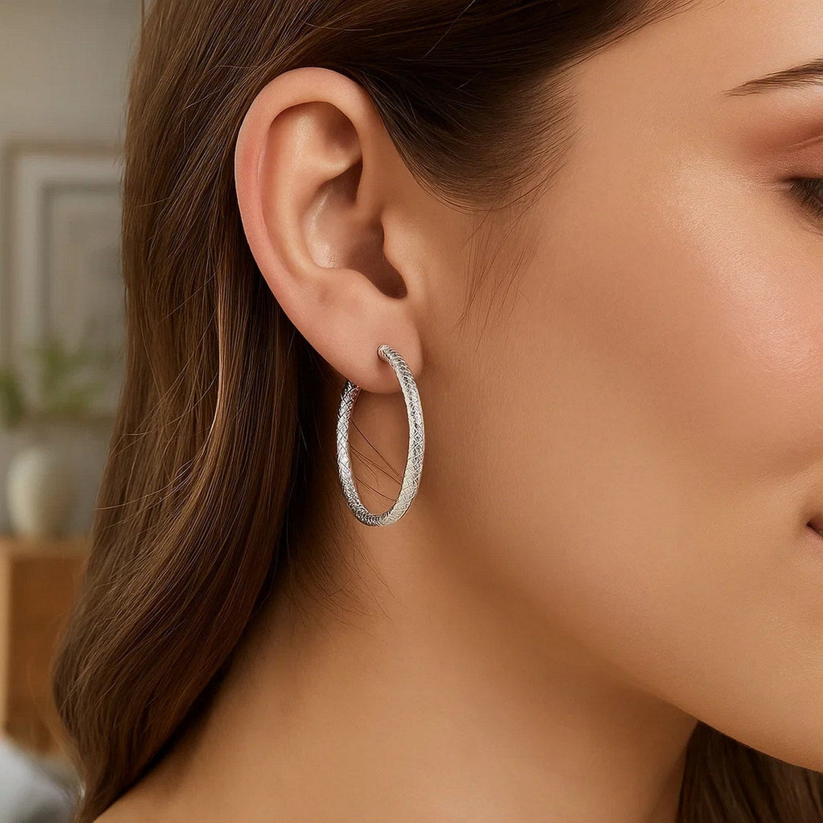 Sterling Silver Large Hoop Earrings with Braid Texture(3x35mm) - LinkagejewelrydesignLinkagejewelrydesign