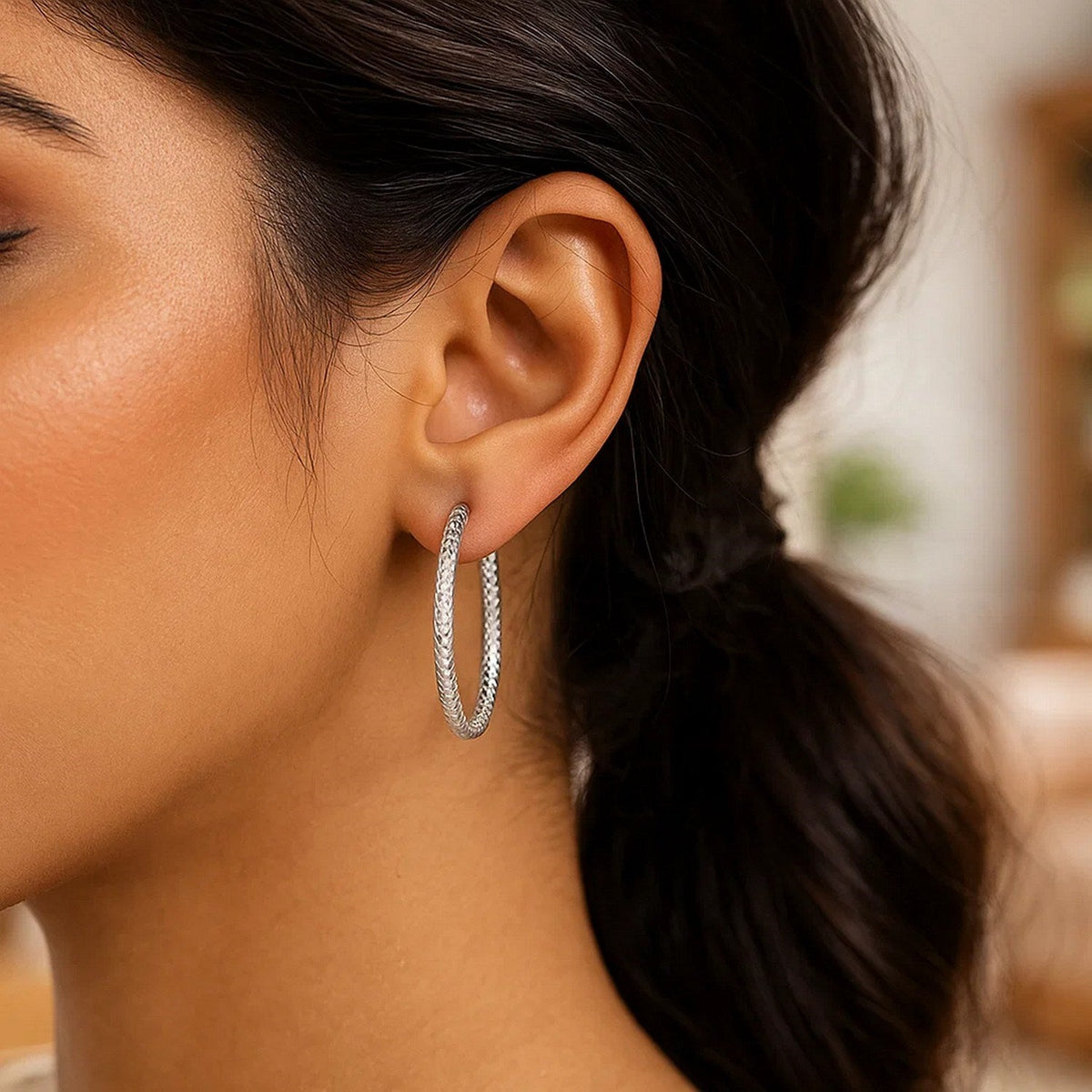 Sterling Silver Large Hoop Earrings with Braid Texture(3x35mm) - LinkagejewelrydesignLinkagejewelrydesign