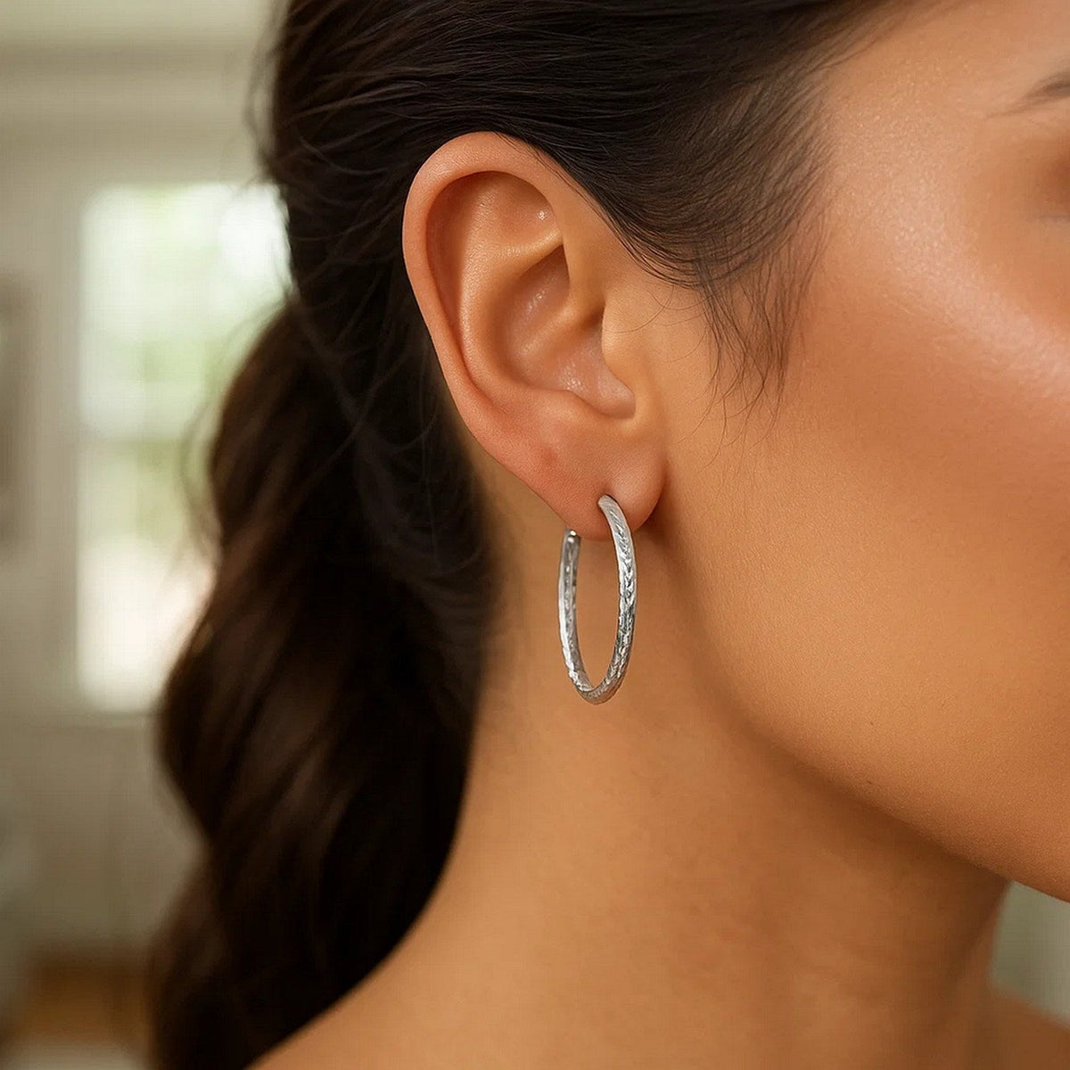 Sterling Silver Large Hoop Earrings with Hammered Texture - LinkagejewelrydesignLinkagejewelrydesign