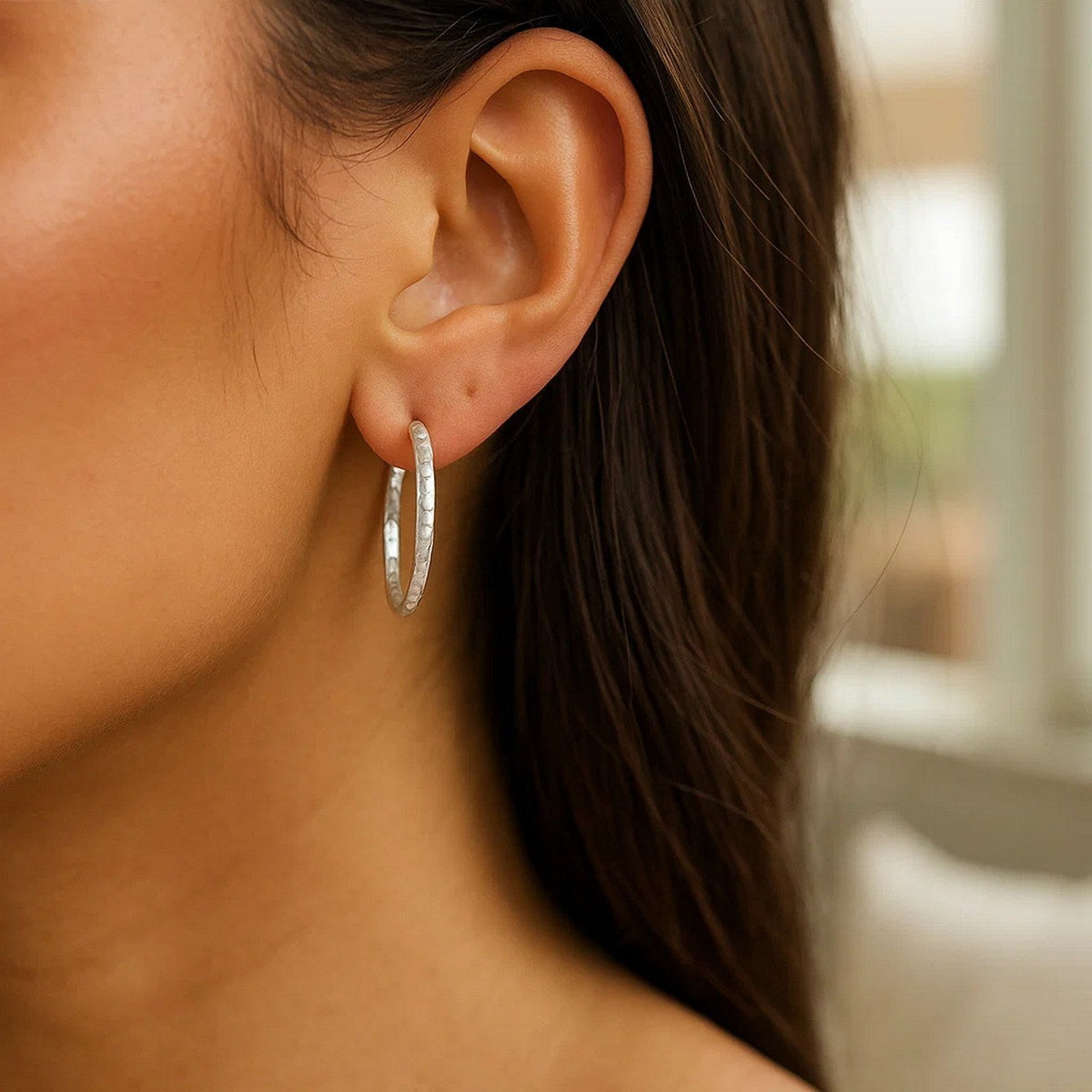 Sterling Silver Large Hoop Earrings with Hammered Texture - LinkagejewelrydesignLinkagejewelrydesign