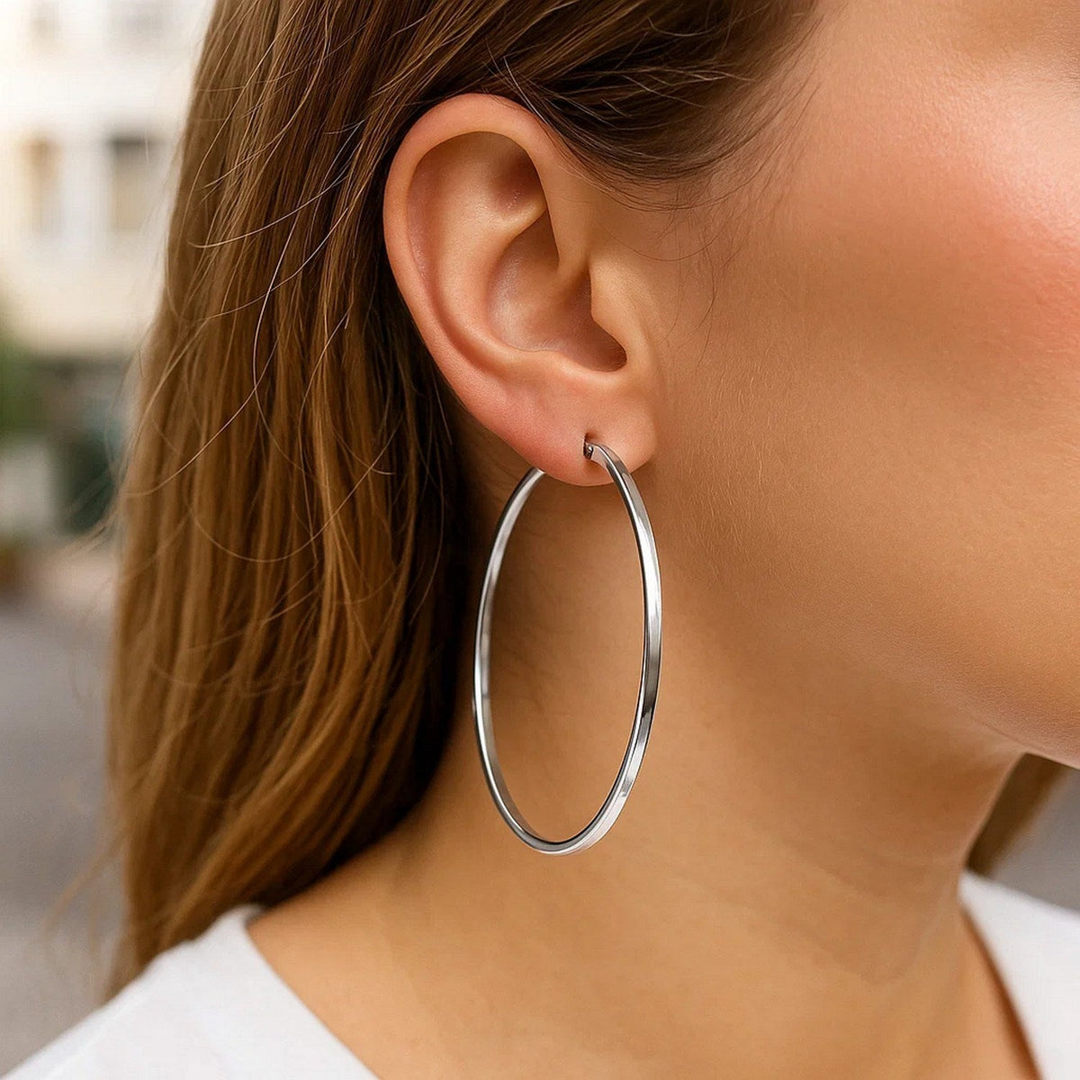 Sterling Silver Large Rectangular Profile Polished Hoop Earrings - LinkagejewelrydesignLinkagejewelrydesign