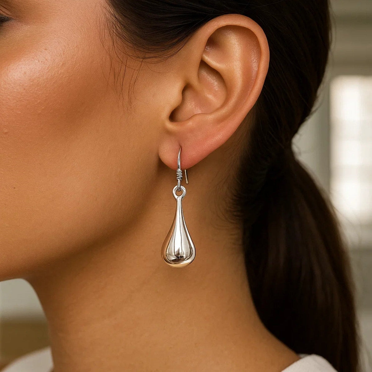 Sterling Silver Long Teardrop Shape Puff Drop Earrings - LinkagejewelrydesignLinkagejewelrydesign