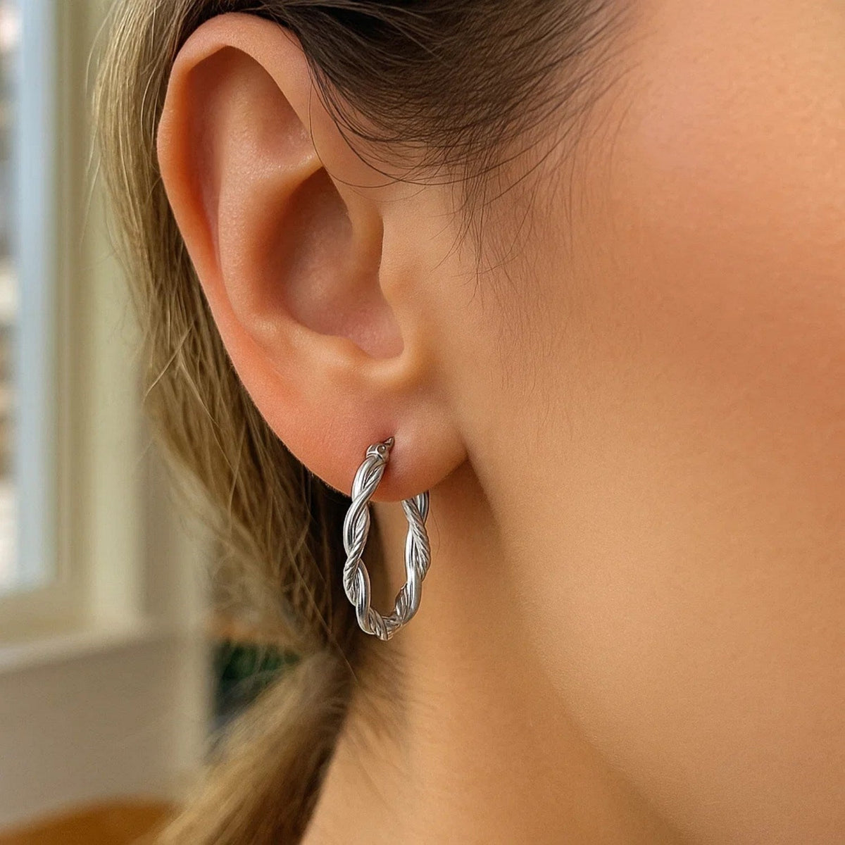 Sterling Silver Oval Hoop Braided Diamond Cut Earrings(4x22mm) - LinkagejewelrydesignLinkagejewelrydesign