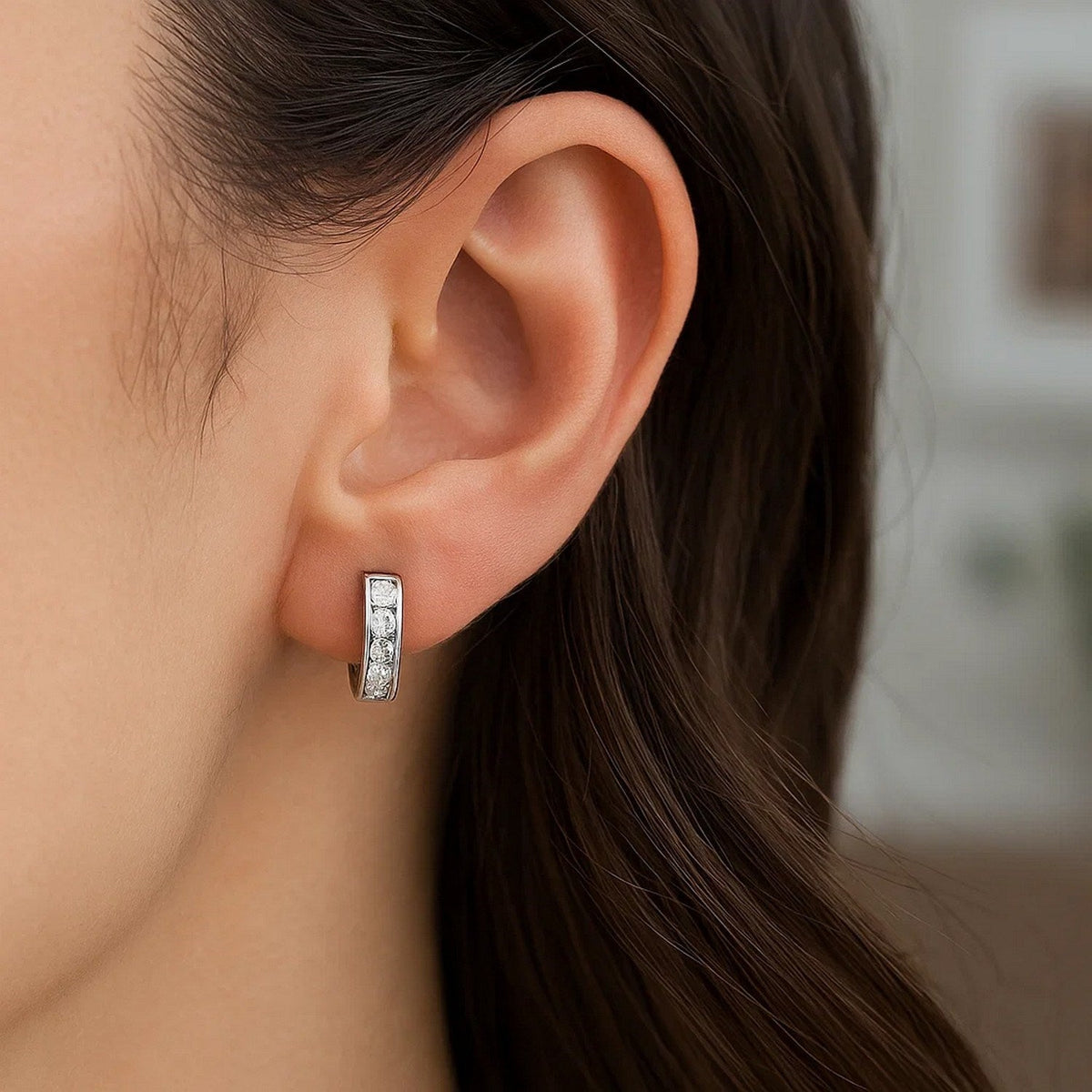 Sterling Silver Petite Hoop Earrings with Cubic Zirconias(3x10mm) - LinkagejewelrydesignLinkagejewelrydesign