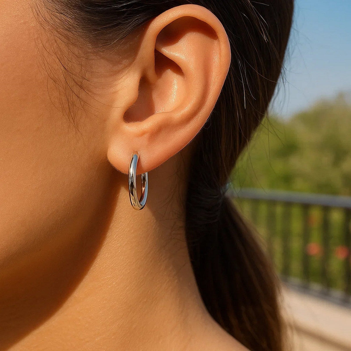 Sterling Silver Polished Hoop Style Earrings with Rhodium Plating (15mm) - LinkagejewelrydesignLinkagejewelrydesign