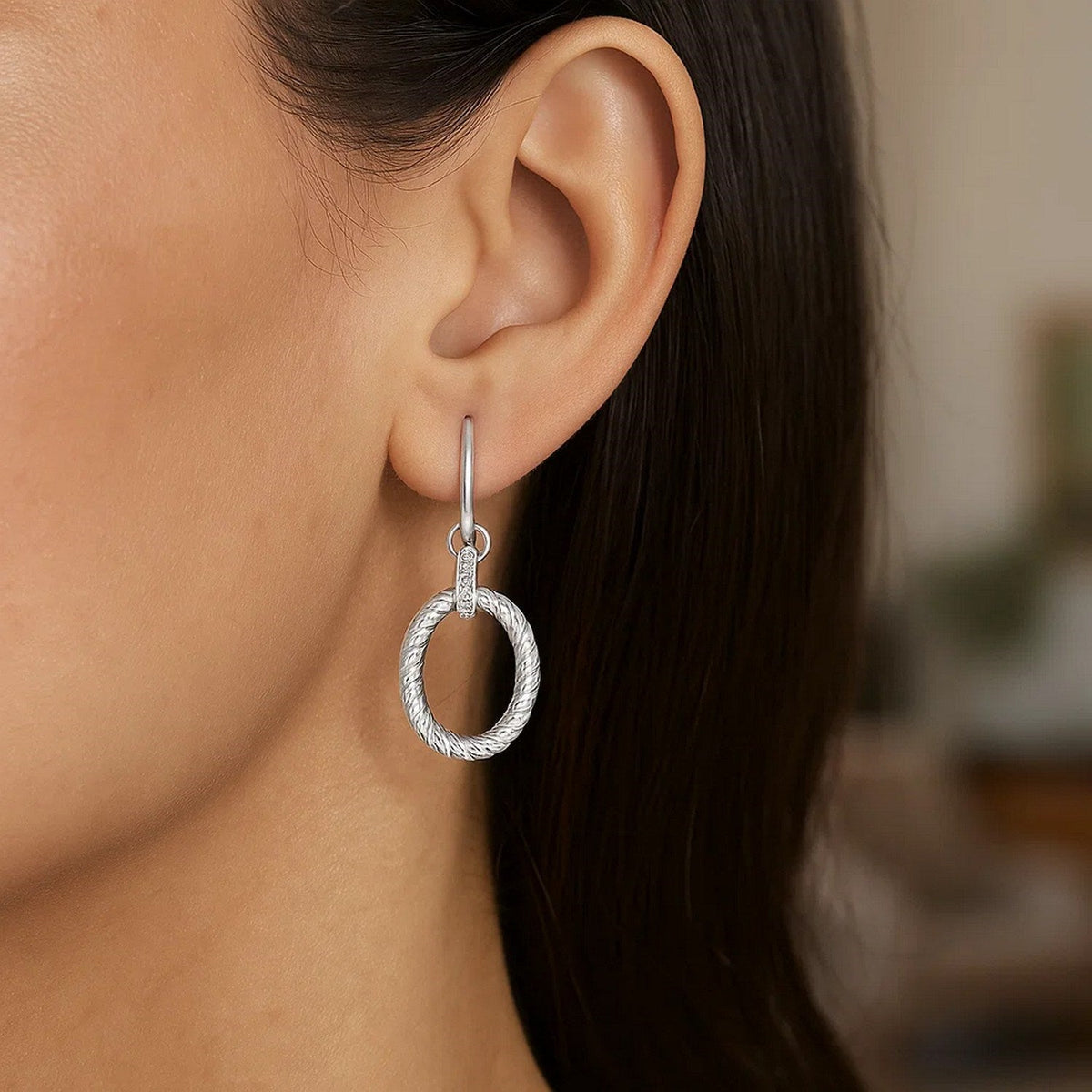 Sterling Silver Rhodium Finished Diamond Embellished Oval Rope Drop Earrings - LinkagejewelrydesignLinkagejewelrydesign