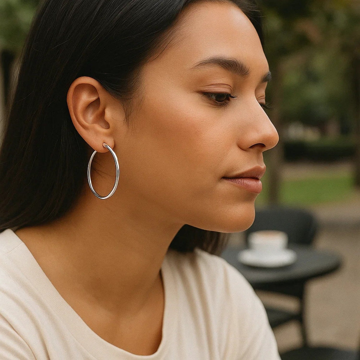 Sterling Silver Rhodium Plated Large Polished Classic Hoop Earrings (40mm) - LinkagejewelrydesignLinkagejewelrydesign