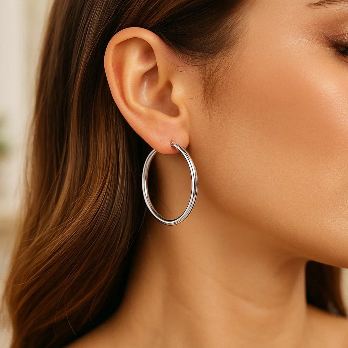 Sterling Silver Rhodium Plated Large Polished Classic Hoop Earrings (40mm) - LinkagejewelrydesignLinkagejewelrydesign