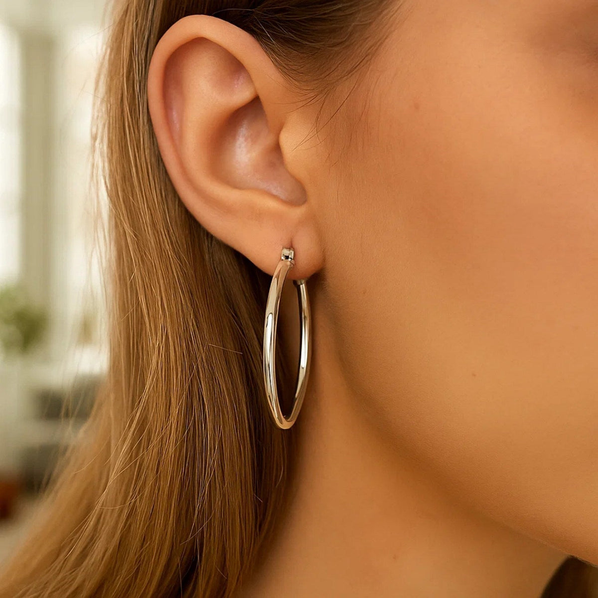 Sterling Silver Rhodium Plated Large Polished Classic Hoop Earrings (40mm) - LinkagejewelrydesignLinkagejewelrydesign