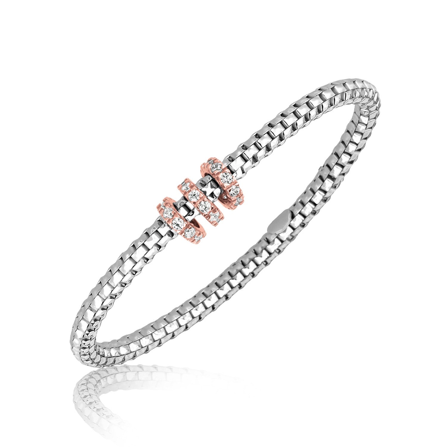 Sterling Silver Rhodium Plated Mesh Motif Bangle with Crystal Studded Stations - LinkagejewelrydesignLinkagejewelrydesign
